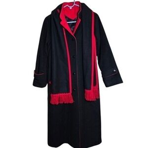 montello by New England Mackintosh Pure Wool Black & Red Coat Matching Scarf VTG
